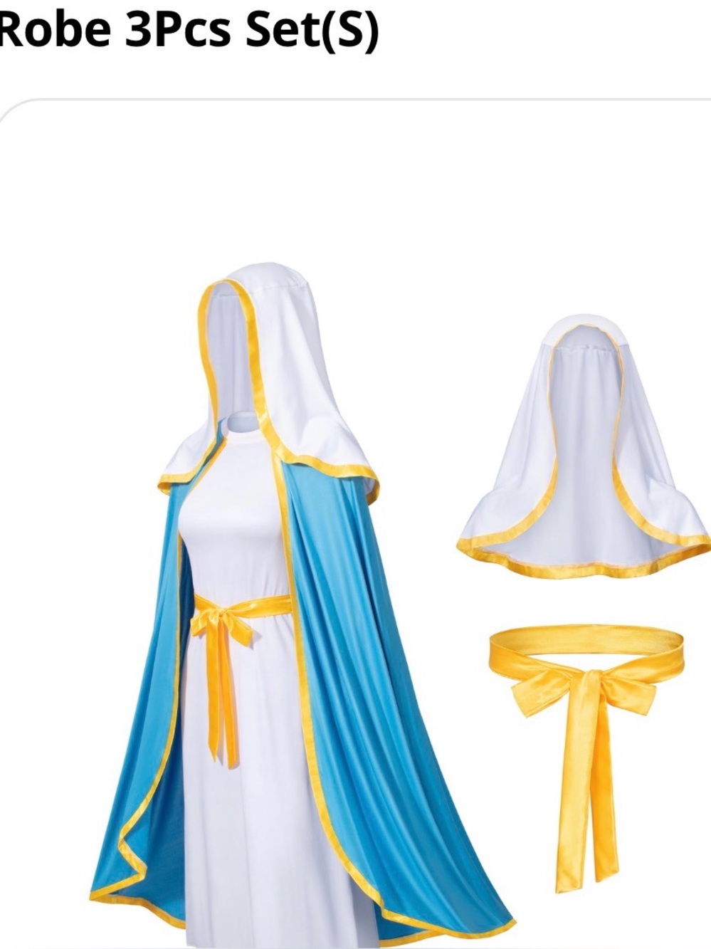 White & Blue woman’s Mary Costume Robe Set with Gold Trim size small